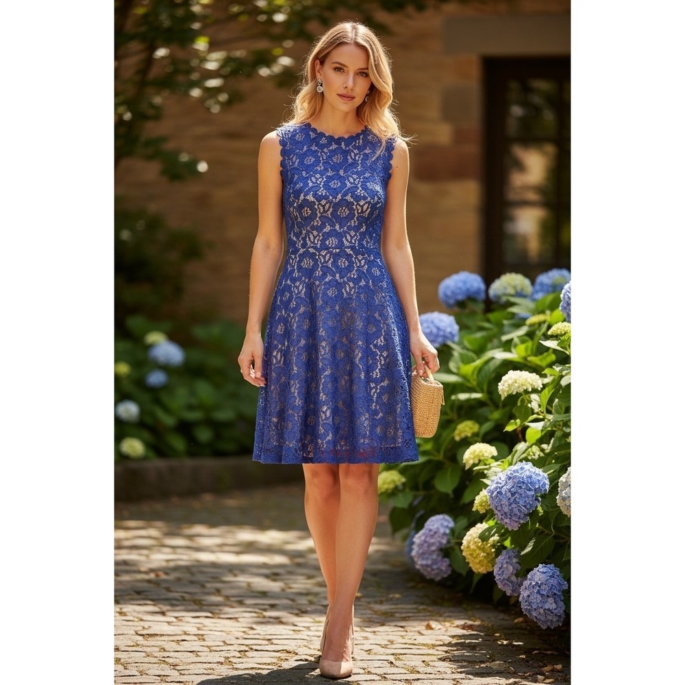 Jodi Kristopher Royal Blue Floral Lace Fit & Flare Dress Women Size 11